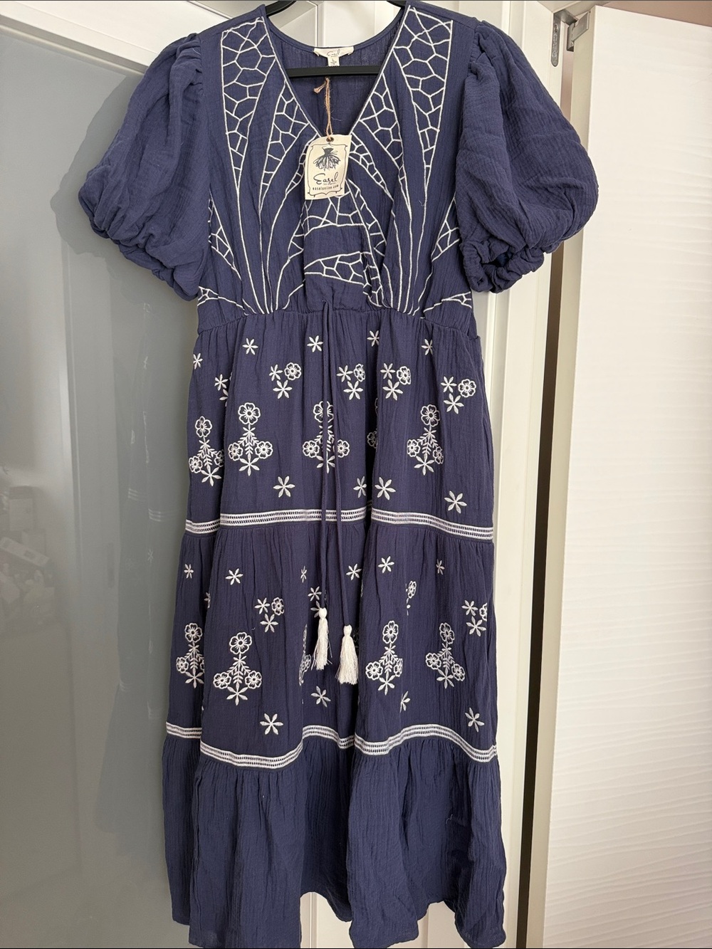 Easel Navy Embroidered Puff-Sleeve Maxi Dress with Tassel Tie - Picture 2 of 4